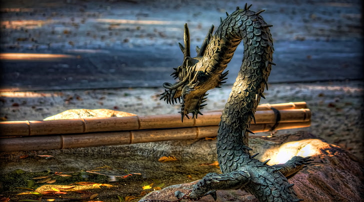 Chained Dragon, silver dragon statue, Asia, Japan, Autumn, Photoshop