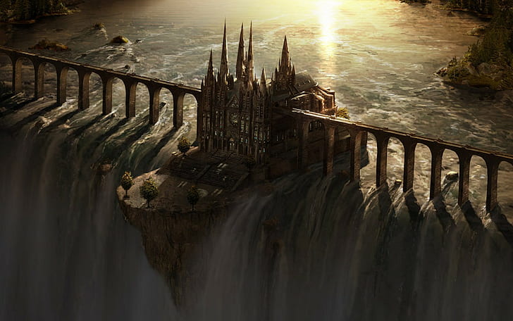 fantasy art, cathedral, waterfall, bridge, nature, railing