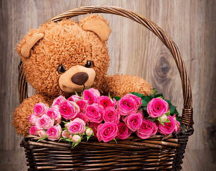 brown bear plush toy and pink rose flowers, basket, roses, bouquet