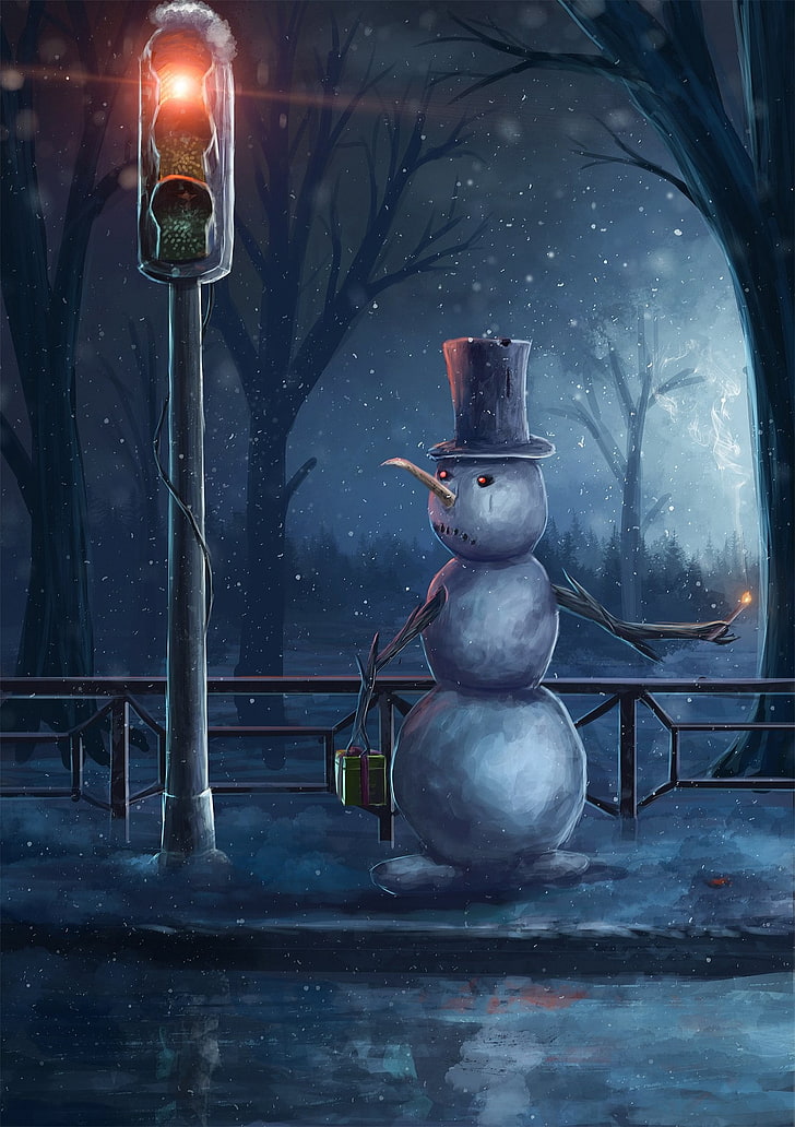 snowman wearing black top hat wall art, drawing, winter, top hats, HD wallpaper