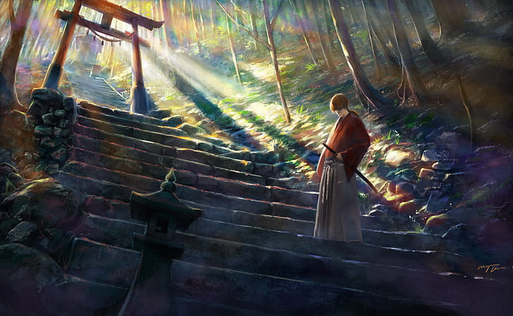 Rurouni Kenshin, anime boys, Himura Kenshin, samurai, katana, HD wallpaper