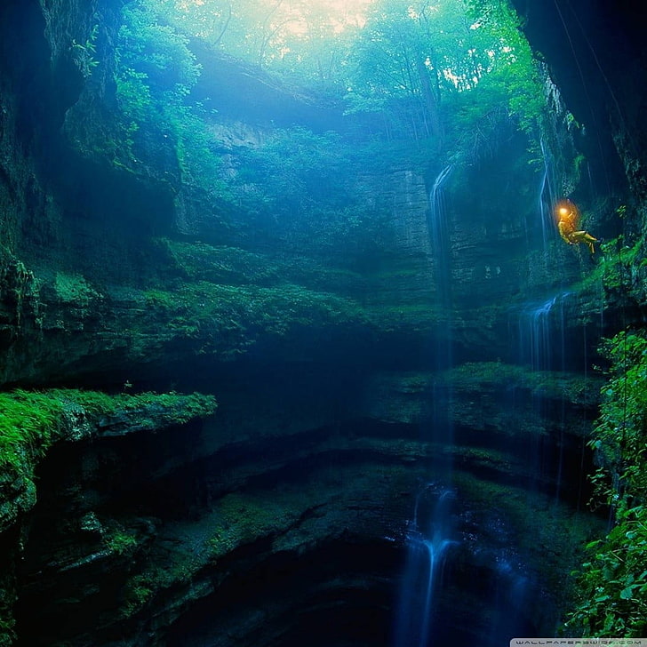 waterfalls wallpaper, cave, exploring, beauty in nature, tree, HD wallpaper