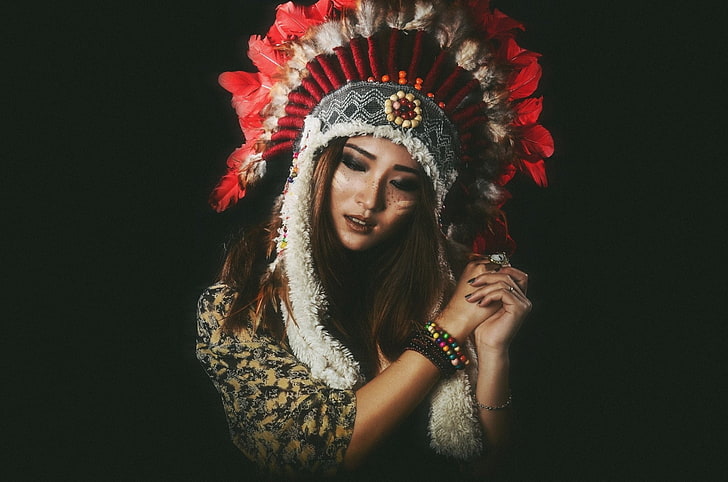 Women, Native American, Asian, Feather, Girl, Headdress, Model