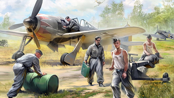figure, The airfield, FW-190, German air force ground crew, HD wallpaper