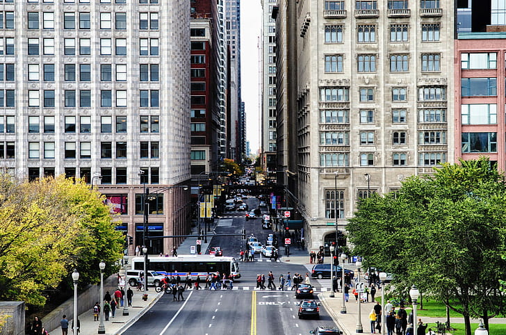 city, street, Chicago, cityscape, building, traffic, HD wallpaper