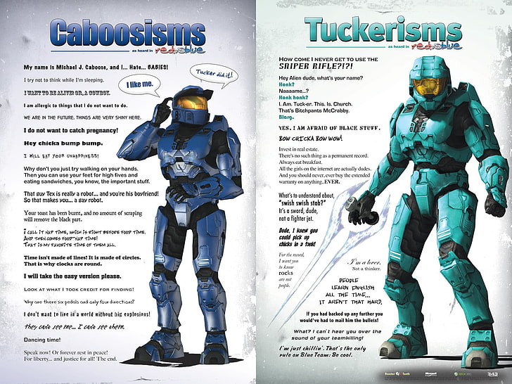 two Halo characters, Red vs. Blue, text, western script, human representation