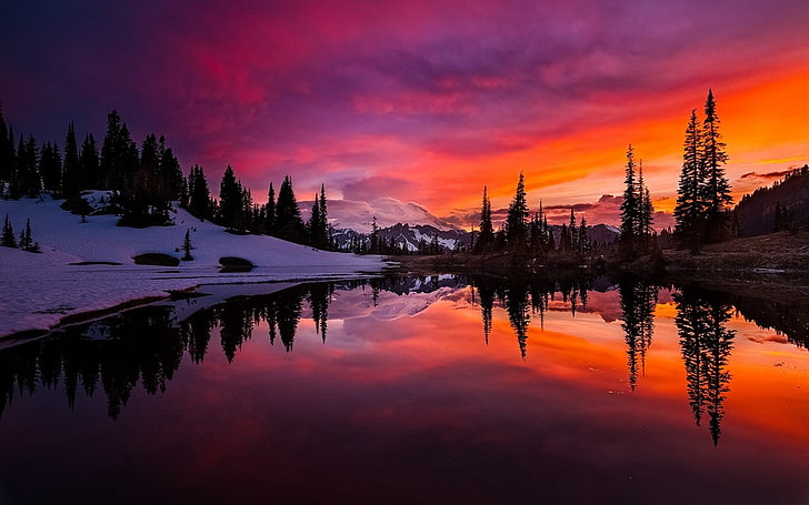 lake, sunset, mountains, forest, sky, water, snow, reflection, HD wallpaper