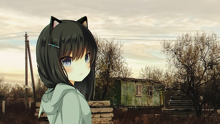 anime, anime girls, anime_irl, wasteland, Russia, cat girl, HD wallpaper