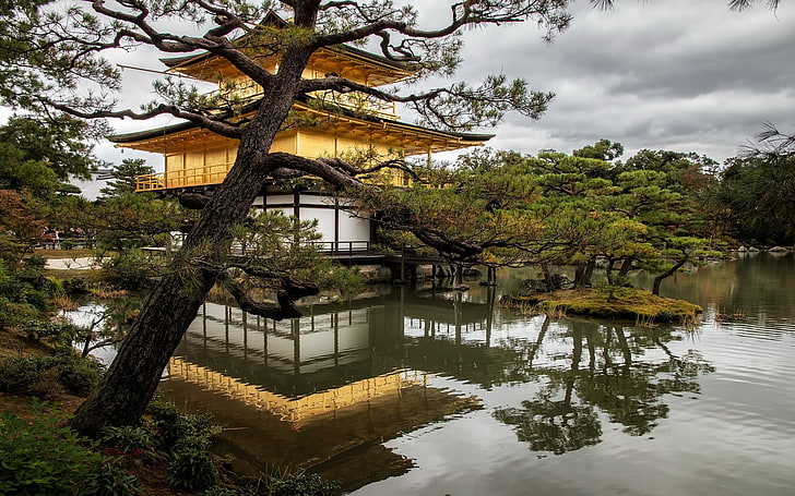 beige, white, and black temple, Kyoto, Japan, nature, landscape