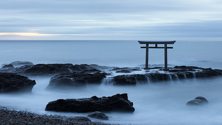 Japanese, torii, gates, coast, sea, water, rock, sky, long exposure
