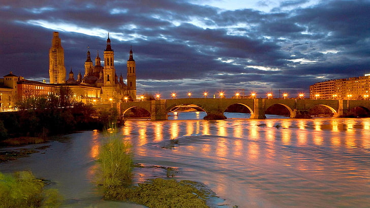 zaragoza, night, bridge, over the river, ebro basilica, city, HD wallpaper