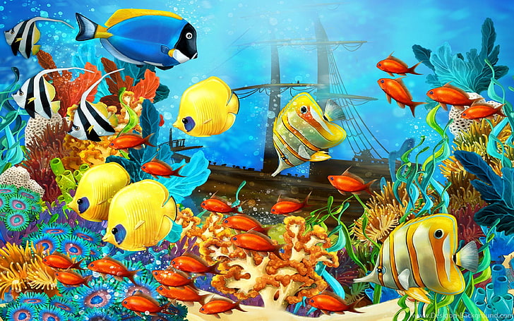 Colorful Fish Red Yellow Fish Corals Underwater Tropical Sea Ocean Sunken Ship Art Background Hd For Pc Tablet And Mobile 3840×2400