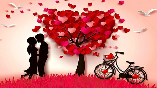 HD wallpaper: hearts, tree, bicycle, love, romance, couple, two people, red  | Wallpaper Flare