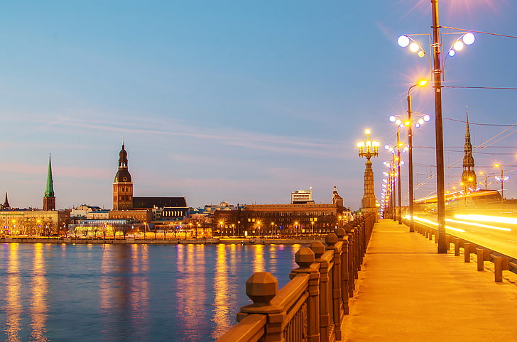 bridge, lights, river, home, the evening, promenade, Riga, Latvia