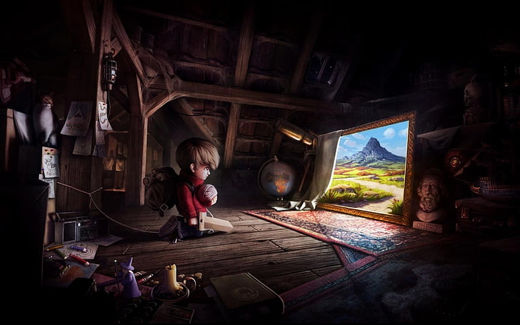 boy sitting on brown wooden floor digital photo, adventurers