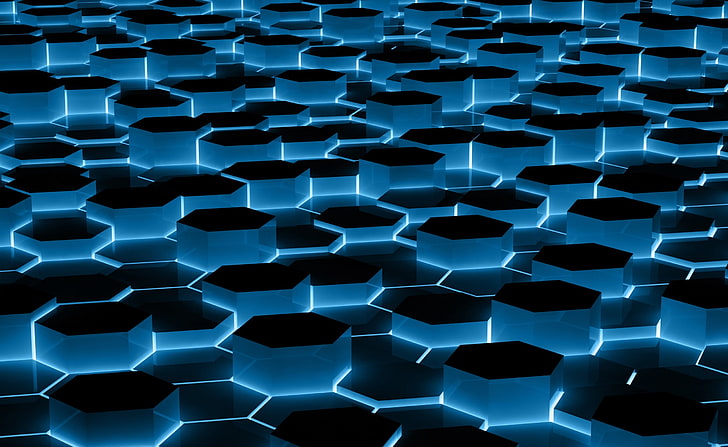 Blue Hexagons, black and blue geometric wallpaper, Artistic, Abstract