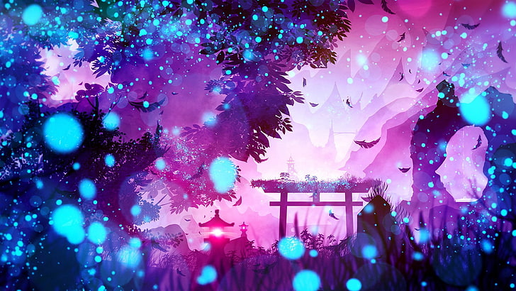 Fantasy, Landscape, Blue, Lantern, Nature, Purple, Shrine, HD wallpaper