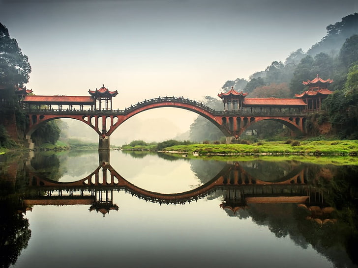 bridge, reflection, landscape, China, Sichuan, water, sky, built structure, HD wallpaper