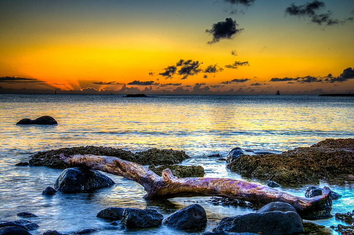 photo of sea with rock during golden hour, haleiwa, haleiwa, Sunset, HD wallpaper