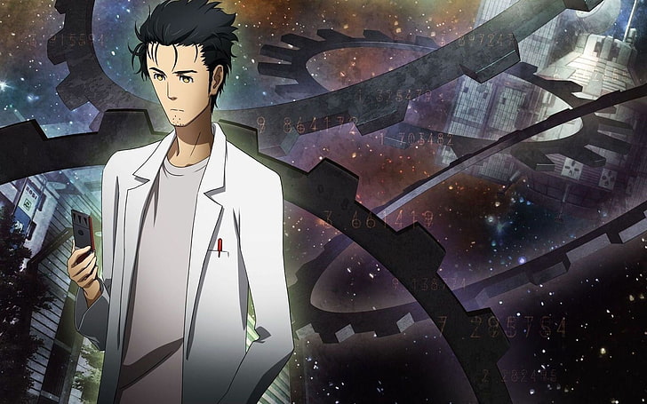 men's black and white suit, Steins;Gate, Okabe Rintarou, glass - material