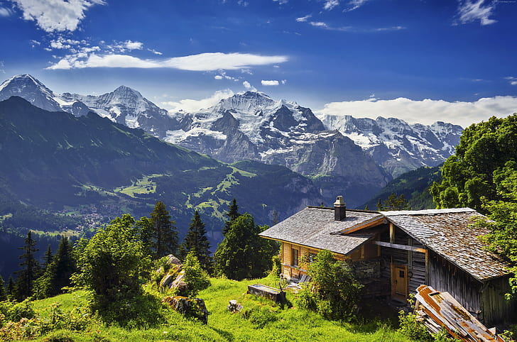 sky, 5k, 8k, 4k, house, mountains, Switzerland, HD wallpaper