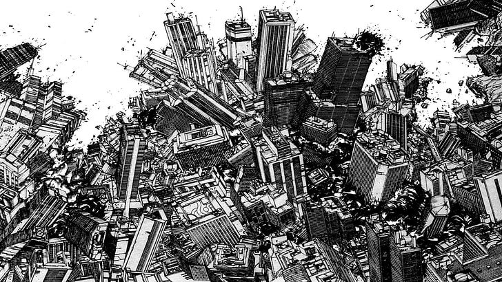 crumbled building sketch, Akira, katsuhiro otomo, Monochrome Factor, HD wallpaper