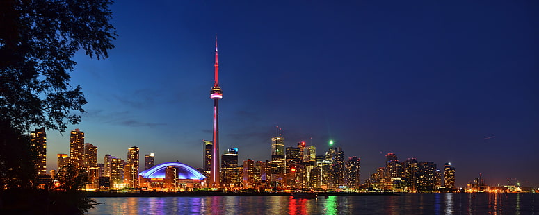 landscape photography of city town near body of water during night time, toronto, toronto HD wallpaper