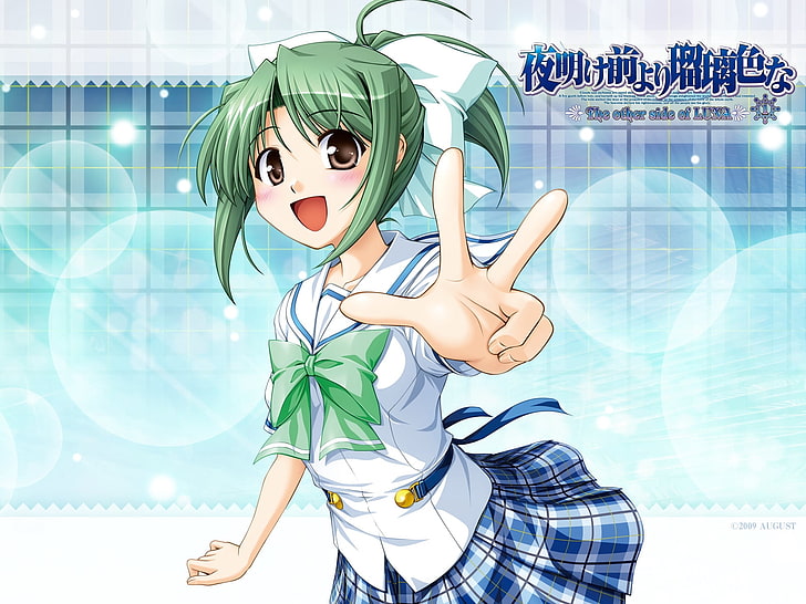 green haired female anime character with white and green uniform digital wallpaper