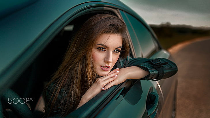 women, portrait, Damian Piórko, women with cars, leather jackets