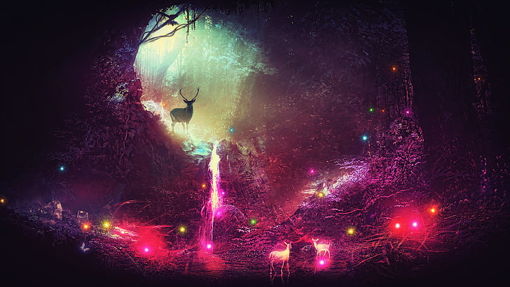 multicolored deer in forest illustration, fantasy art, artwork