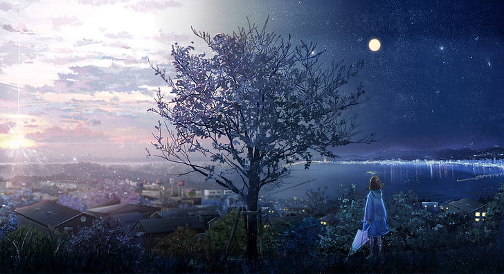 Hd Wallpaper Anime Girl Lonely Tree Moon Stars Sunrise