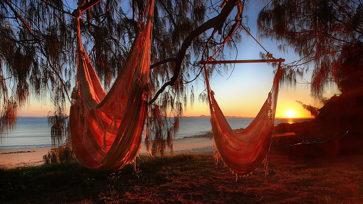 HD wallpaper: two brown hammocks, beach, sunlight, relaxing, sunset ...