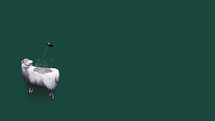 white and grey sheep illustration, minimalism, UFO, humor, animal themes