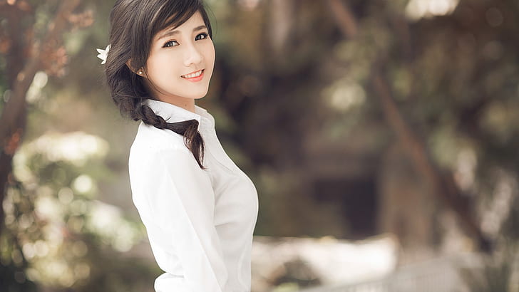Asian girl, brunettes ponytails, white clothes, HD wallpaper