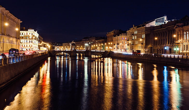 high-rise buildings, lights, river, Night, Peter, Saint Petersburg