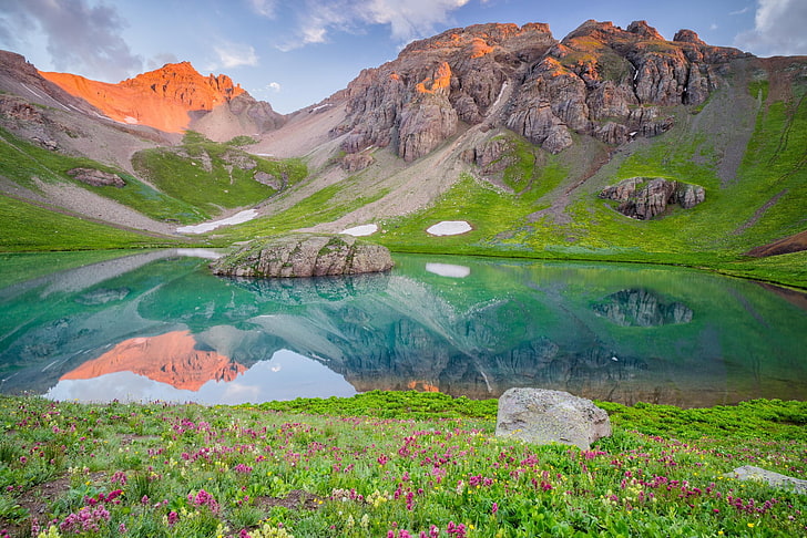 reflection, mountains, lake, nature, water, flowers, rock, beauty in nature