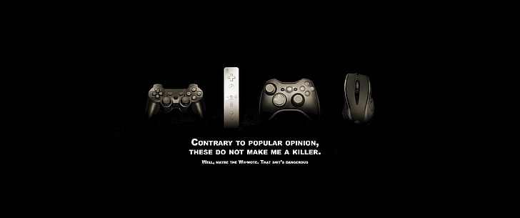 black gaming controllers, video games, quote, typography, black background
