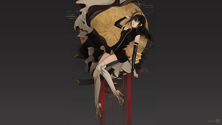 black haired woman wearing black dress anime character digital wallpaper