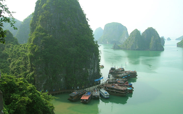 green mountain, thailand, rock, pier, mooring, boats, nautical Vessel, HD wallpaper