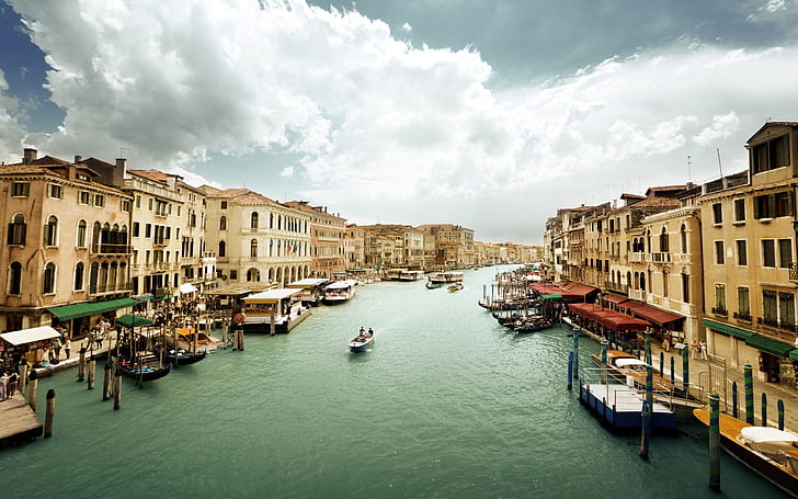 Venice, Italy, Canal Grande, water, boats, people, houses, cloudy sky