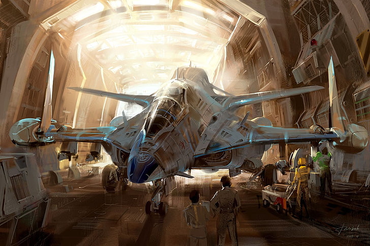 science fiction, aircraft, artwork, futuristic, hangar, indoors