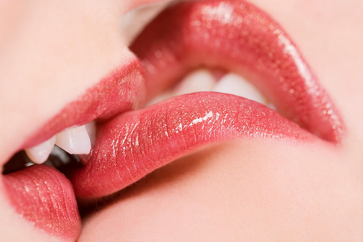 pink lipstick, kissing, lesbians, biting lip, closeup, juicy lips