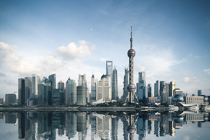 body of water, Shanghai, skyline, Oriental Pearl, reversed, cityscape