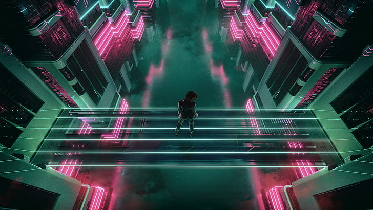 David Legnon, bridge, city, cyberpunk, neon glow, reflection
