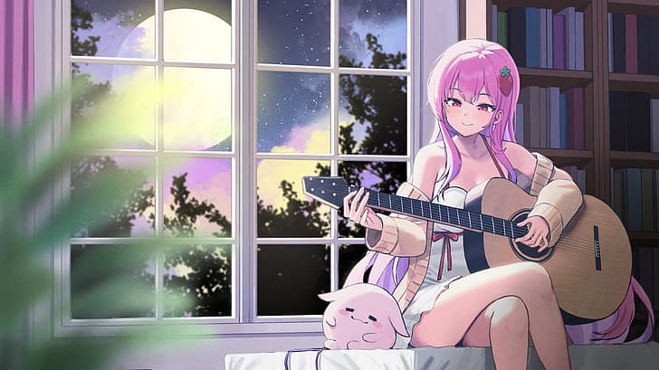 Twin (artist), legs crossed, anime girls, full moon, original characters
