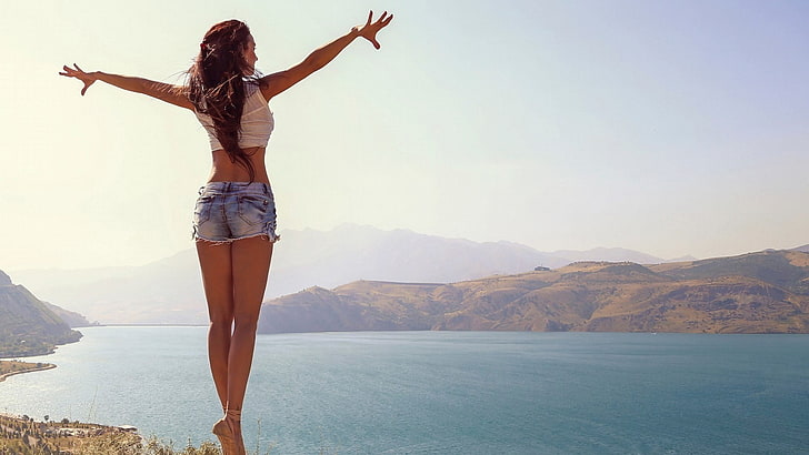 women's blue denim short shorts, model, nature, lake, mountains, HD wallpaper