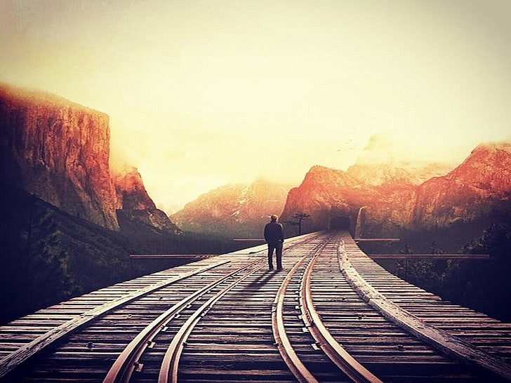 person on brown train rails illustration, tracks, one person, HD wallpaper
