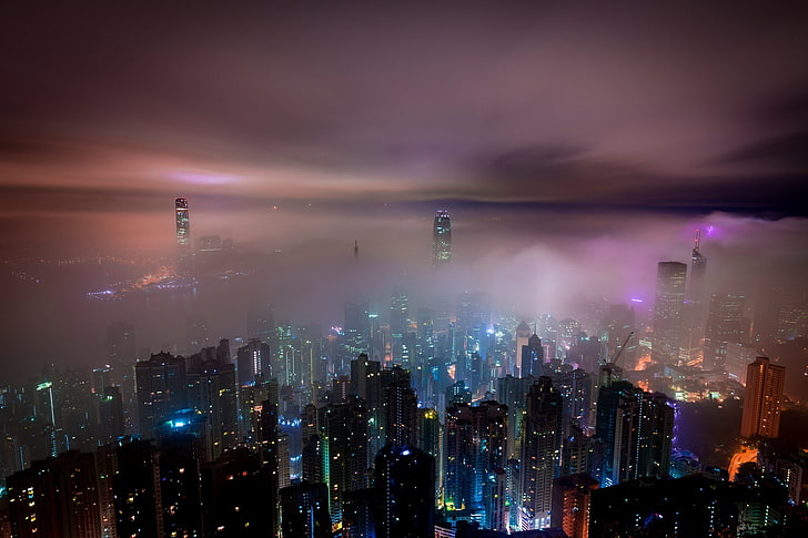 cityscape, night, building, mist, urban, clouds, sky, modern, HD wallpaper