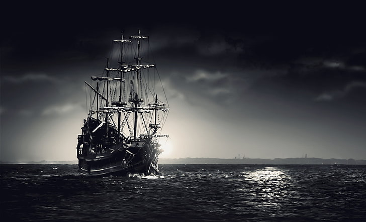 black and white galleon ship, water, sea, sky, nautical vessel, HD wallpaper