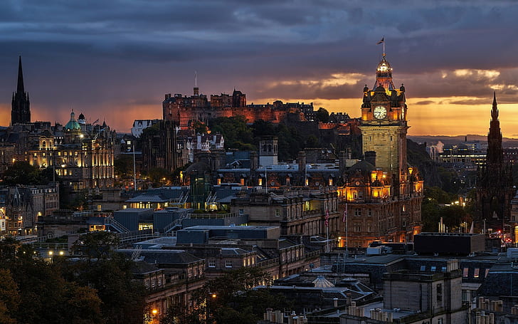 Scotland, sunset, tower, castle, Gothic architecture, city, HD wallpaper
